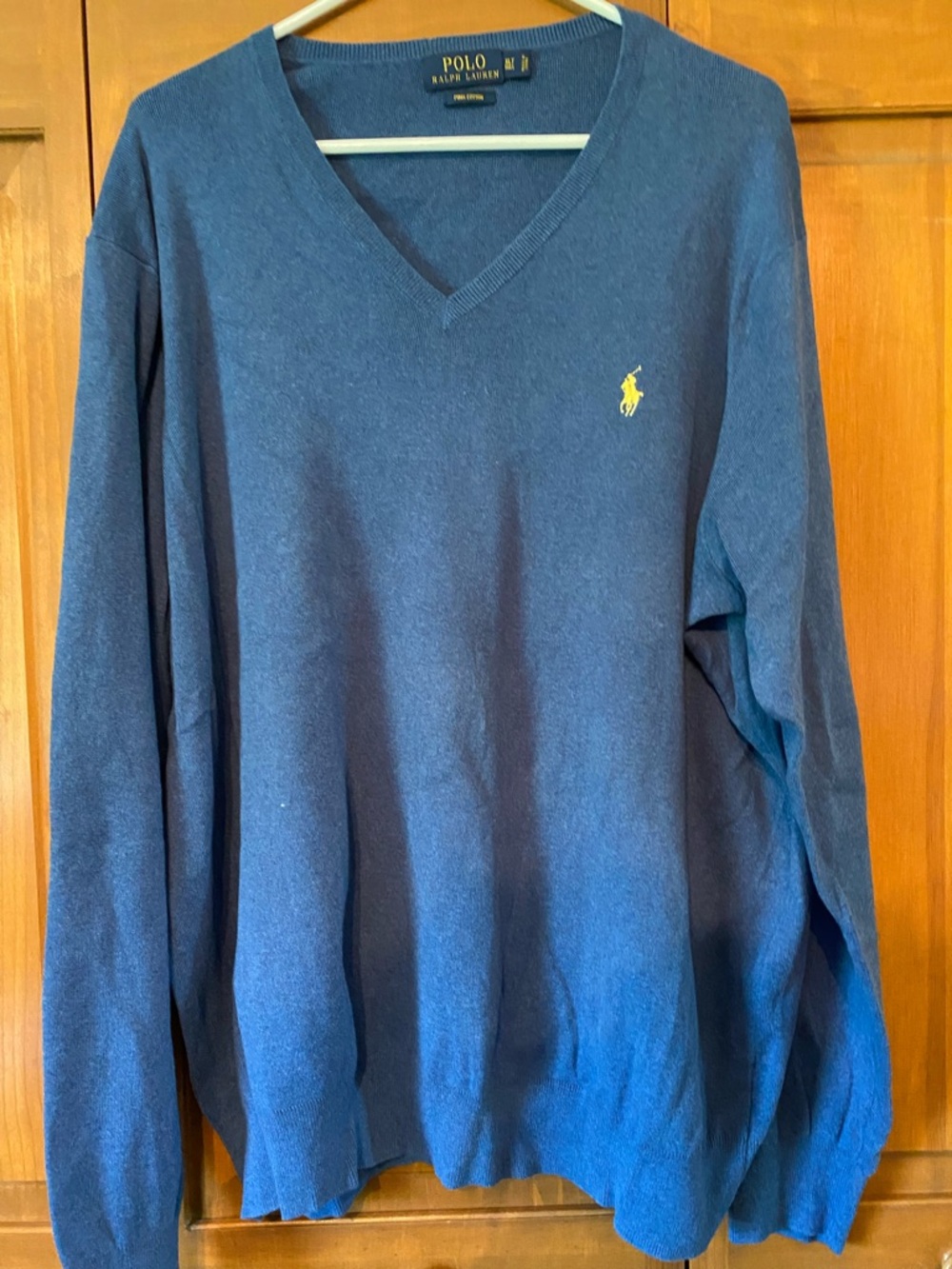 Ralph Lauren Men's V-Neck Sweater in Blue with Yellow Pony